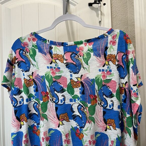 C&C California Blue Bird Floral Faux Button Short Sleeve Linen Blend Top Size XL - Picture 6 of 8